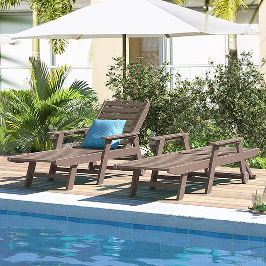 nalone HDPE Chaise Lounge Chair Outdoor with Wheels & Cup Holder, Pool Lounge Chairs with 5-Position Adjustable Backrest, Supports Up to 400 LBS for Patio Poolside Deck Beach Backyard(Grey Brown)