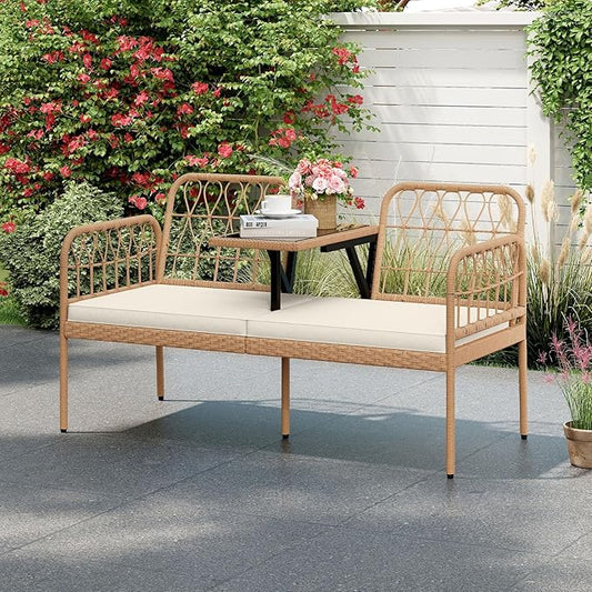HAPPYGRILL Patio Rattan Loveseat, 2-Seat Wicker Chairs with Built-in Table, Outdoor Conversation Bench with Seat Cushions for Backyard, Front Porch, Garden