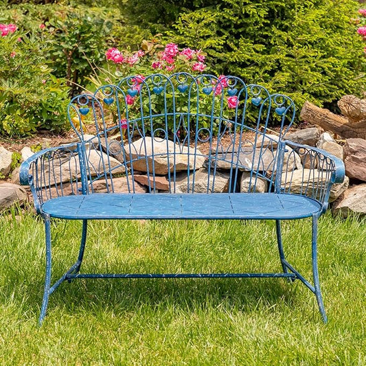 Zaer Ltd. Vintage Style Metal Patio Furniture with Heart Design Accents, Outdoor/Indoor Decor (Vintage Blue, Garden Bench)