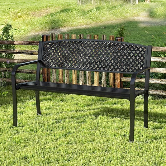 Tangkula Metal Outdoor Park Bench, 50 Inches Garden Bench with Patterned Backrest and Curved Armrests, 2-3-Person Patio Bench, Outside Heavy-Duty Metal Loveseat Chair for Porch, Lawn, Yard & Park