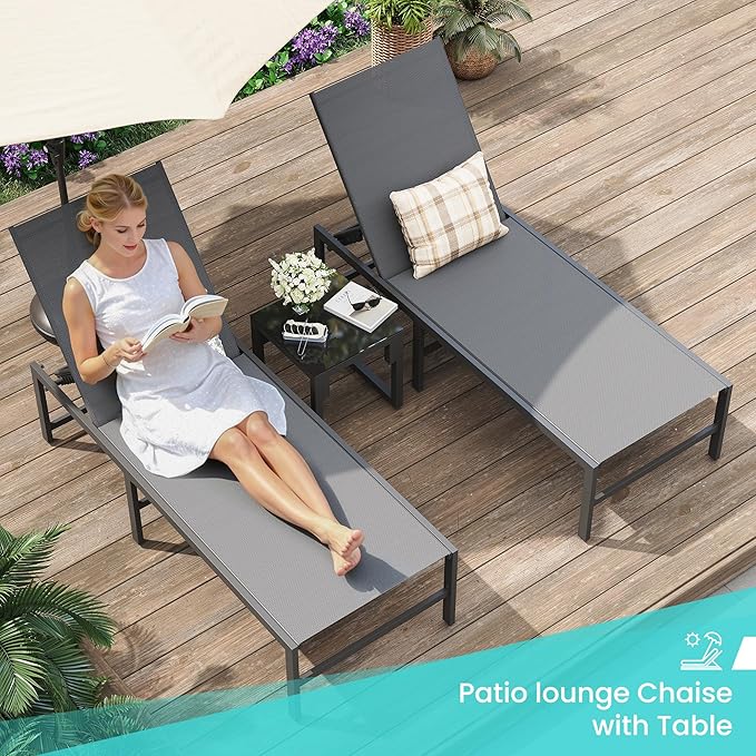 Amopatio 3 Piece Patio Lounge Chair Set Adjustable Outdoor Chaise Lounge with Side Table for Poolside Weather Resistant Pool Lounge Furniture Set for Backyard Beach, 400 LBS Capacity(Gray)