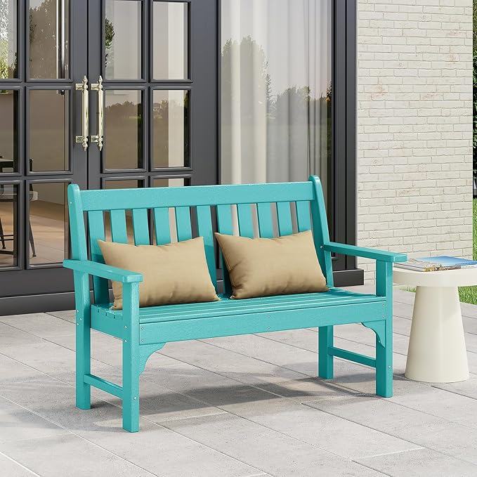 Costaelm Garden Bench, Farmhouse Park Front Porch for Entryway Bench Outdoor Seating Low Bench Patio Bench Outside/Indoor, Turquoise