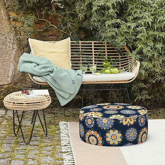 LVTXIII Inflatable Stool Ottoman Footrest with Handle, Decorative Fade-Resistant Foot Stool, Indoor or Outdoor Pouf for Home Garden and Camping Use, D21 x W 21 x H9, Bloom Medallion Cobalt