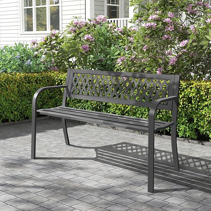 Outdoor Garden Bench, Weatherproof Metal Park Bench for Garden Lawn Porch Park Backyard, Sturdy Steel Patio Bench with Ergonomic Backrest for Front Porch Entryway Outside Seating, Black