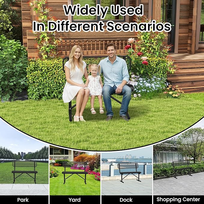 4 FT Heavy Duty Metal Park Bench for Outside, Outdoor Benches Weatherproof Black Bench with Backrest & Portable Frame, 1-3 Person Seat-Commercial Benches Garden Benches for Outdoors