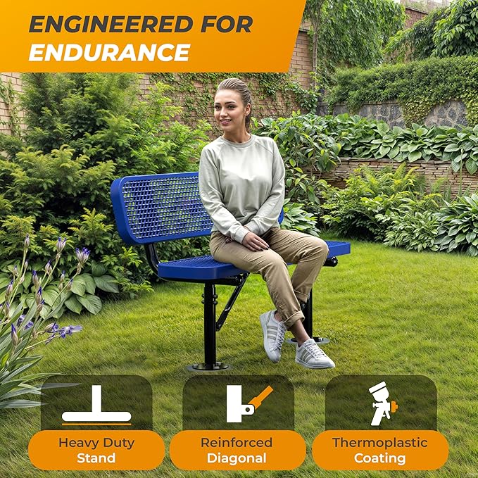 Heavy-Duty Outdoor Metal Bench, Thermoplastic-Coated, Surface, Weatherproof, Commercial-Grade for Parks, Gardens, Patios, Stores & More (4 Ft - Surface with Back, Blue)