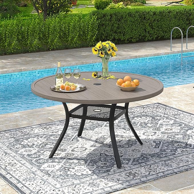 VICLLAX Round Patio Dining Table for 4-6, Outdoor Metal Dining Table with Umbrella Hole for Deck Lawn Garden Backyard, 47.2" Grey