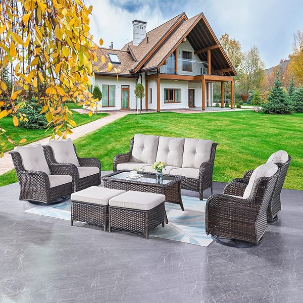 Rilyson Wicker Patio Furniture Set - 8 Piece Rattan Outdoor Sectional Conversation Sets with 4 Swivel Rocking Chairs - Photo 1