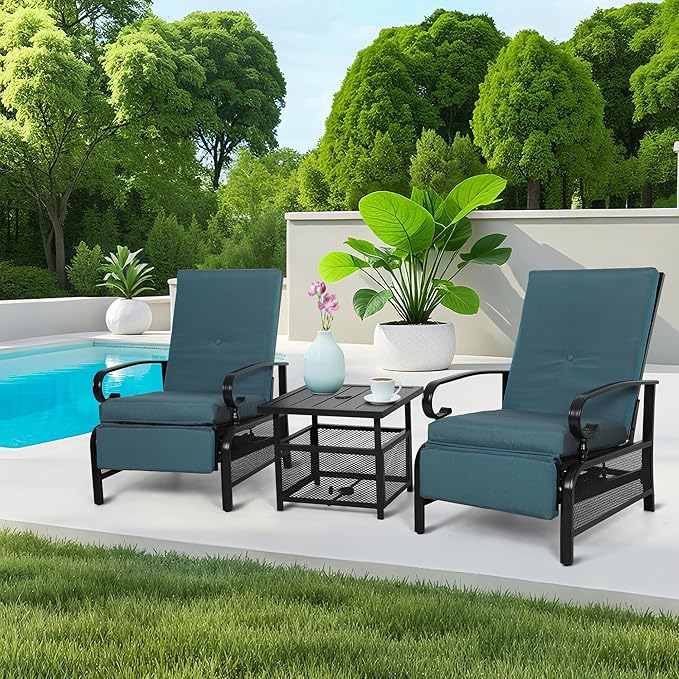 Incbruce 3 Pieces Outdoor Lounge Recliner Set, 2 Adjustable Metal Recliner Sofa Chair and Umbrella Stand Side Square Table Suitable for Garden, Pool, Yard (Peacock Blue)