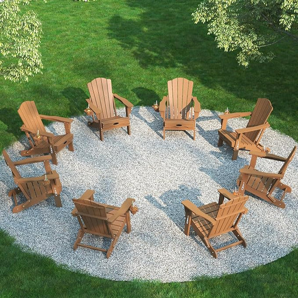 Folding Adirondack Chair Set of 8, HDPE All-Weather Outdoor Chair with Cup Holder, Wooden Textured, Fire Pit Chair - Photo 1