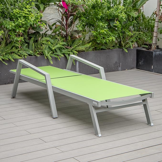 LeisureMod Marlin Patio Chaise Lounge Chair, Adjustable Outdoor Grey Aluminum Lounge with Breathable Mesh Sling Back, Lightweight Poolside Reclining Sun Lounger Weather & UV Resistant (Green)