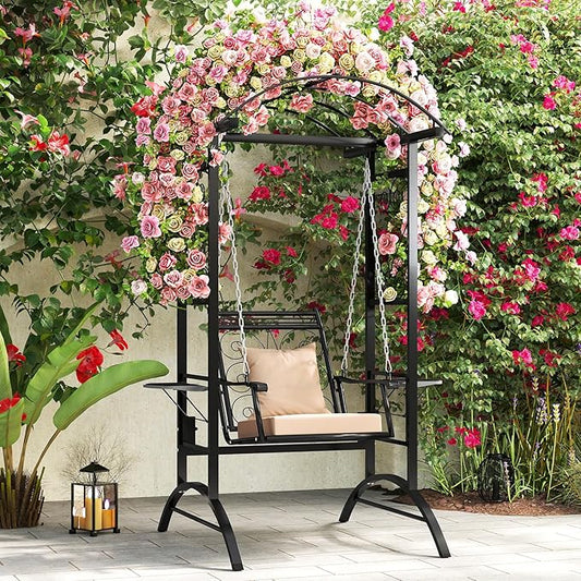Tangkula Porch Swing with Stand, Outdoor Patio Swing with Heavy-Duty Metal Frame, Arch Trellis, Removable Cushions, Side Tables, Armrests for Garden, Balcony, Backyard and Poolside