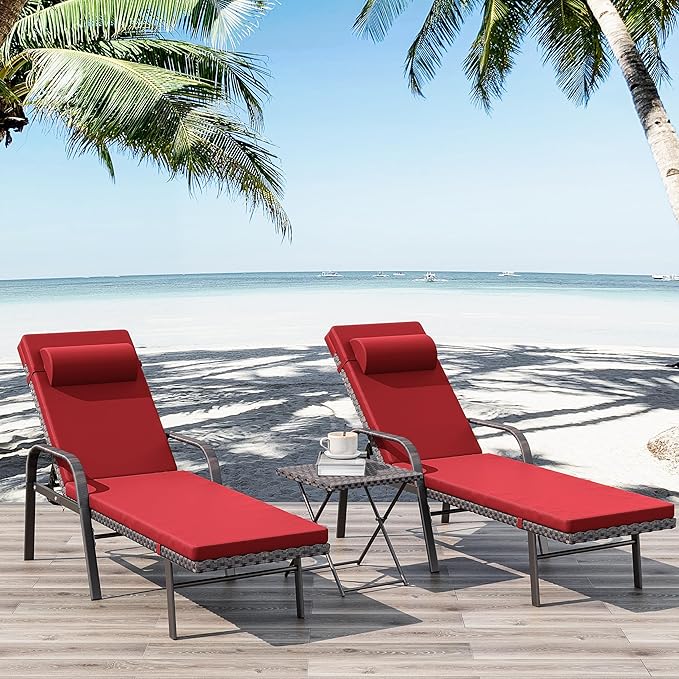 Kurapika Patio Chaise Lounge Set 3 Pieces Outdoor Lounge Chair, Rattan Reclining Chair Adjustable Backrest, Pool Sunbathing Recliners with Folding Table for Poolside Beach, Red