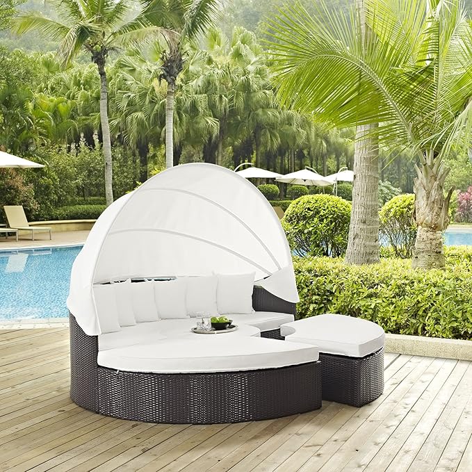 Modway Convene Wicker Rattan Outdoor Patio Retractable Canopy Round Poolside Sectional Sofa Daybed with Cushions in Espresso White