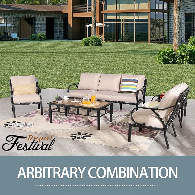 Festival Depot Patio Coffee Table Square Metal Table with Wood Grain Tabletop All Weather Outdoor Furniture for Deck Porch Garden (25.2" x 25.2" x 16.5")
