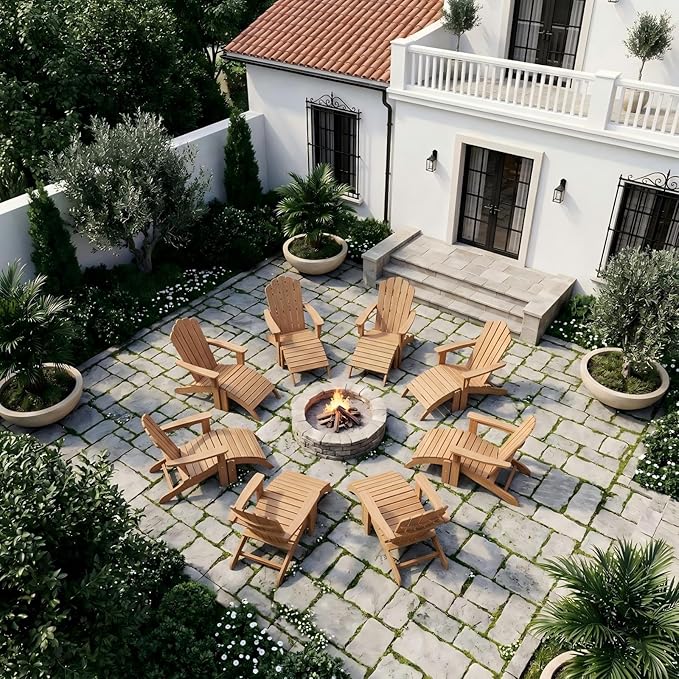 Outdoor Wooden Adirondack Chair with Footrest, All-Weather Teak Leisure Line Modern Adirondack Chair Suitable for Patio Lawn Garden Terrace Poolside Firepit Deck