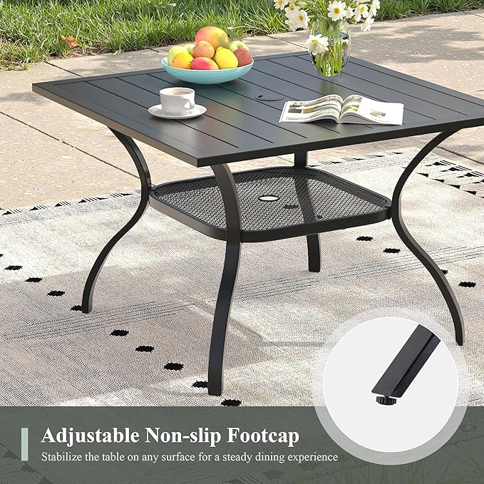 Outdoor Dining Table with Adjustable Umbrella Hole, 37.8" All-Weather Square Patio Dining Table for 4, Metal Patio Table for Garden Lawn Porch Deck Yard, Black