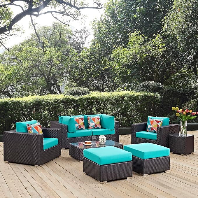 Modway Convene 8-Piece Outdoor Premium Patio Sectional Set in Espresso Turquoise, Synthetic Rattan, All-Weather Cushions