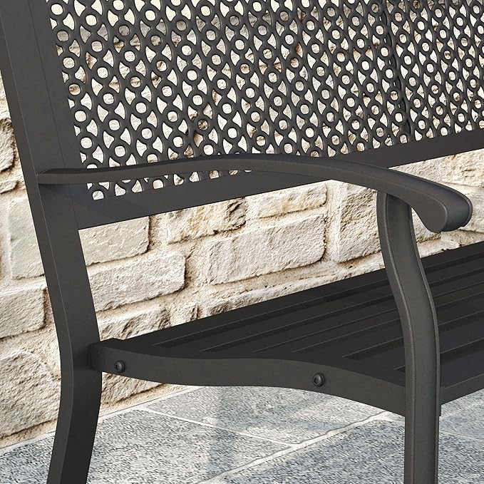 DIFY 50" Outdoor Bench Metal Garden Patio Furniture with Backrest & Slatted Seat for Porch, Park, Lawn, Black