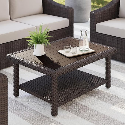 Martha Stewart Bedford Indoor-Outdoor Patio Coffee Table with Lower Shelf, Faux Wood Top, and Rattan Wicker Finish in Brown