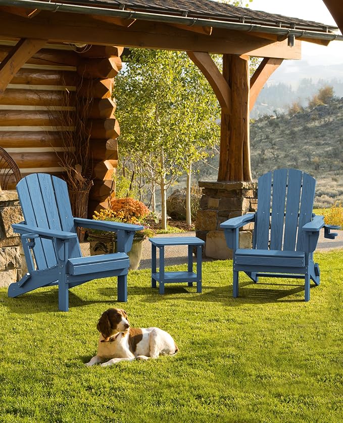 SERWALL Folding Adirondack Chair, Adirondack Outdoor Chair with Cup Holder, Adjustable Adirondack Chair with 3 Recline Positions, All Weather HDPE Outdoor Adirondack, Blue