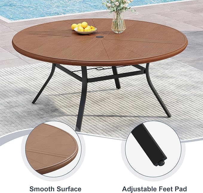 VICLLAX Round Patio Dining Table, 6-8 Person Aluminum Outdoor Dining Table with Umbrella Hole and Surdy Frame for Garden Lawn Deck, 53" Walnut