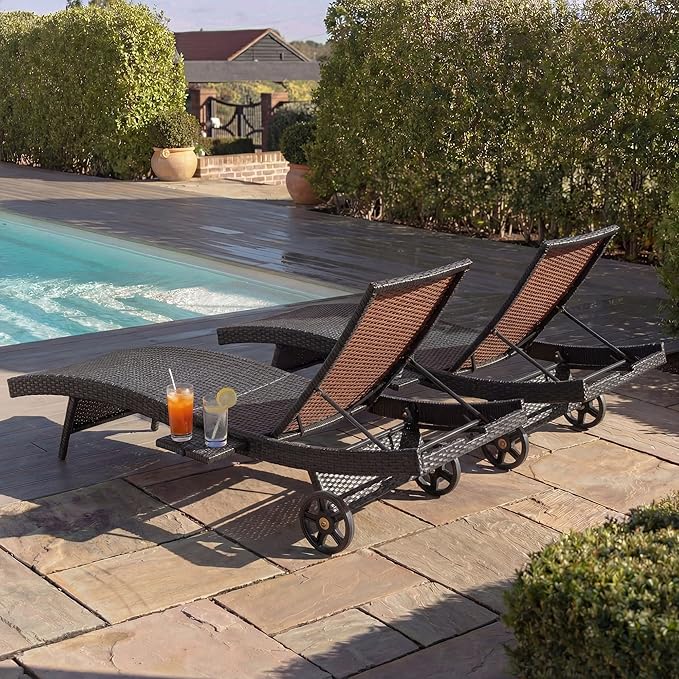 Polibi 80" Patio Wicker Chaise Lounge Chairs Set of 2, Outdoor All-Weather Design Rattan Reclining Lounge Chair with Rolling Wheels & Pull-Out Side Table, 4-Level Adjustable Backrest,Black & Brown
