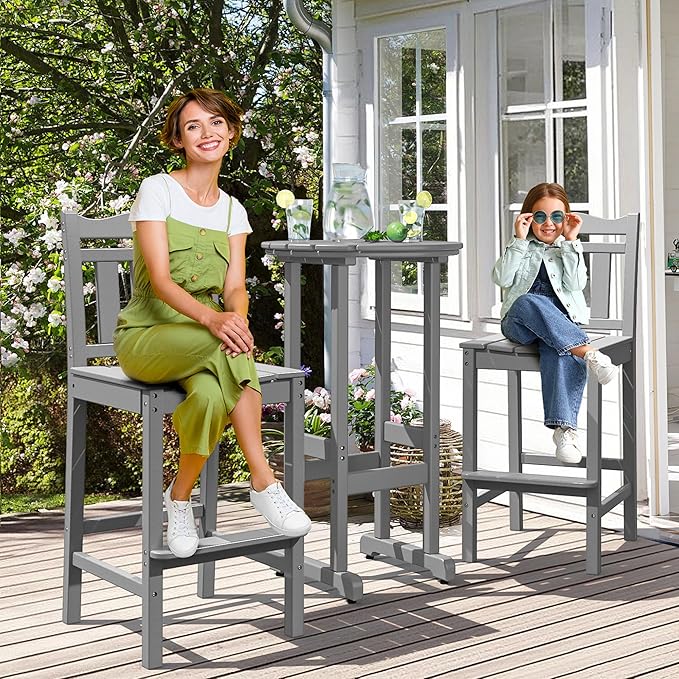 nalone Outdoor Bar Stool, HDPE Tall Adirondack Chair Bar Chair, Weather Resistance Bar Height Chairs for Balcony, Garden, Yard, Backyard (Grey, Bar Chair)