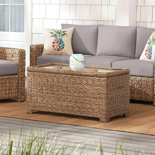 Laguna Point 40'' Outdoor Wicker Coffee Table w/Flip-Top Storage, HDPE Rattan Patio Center Table with Tempered Glass Top, Tan