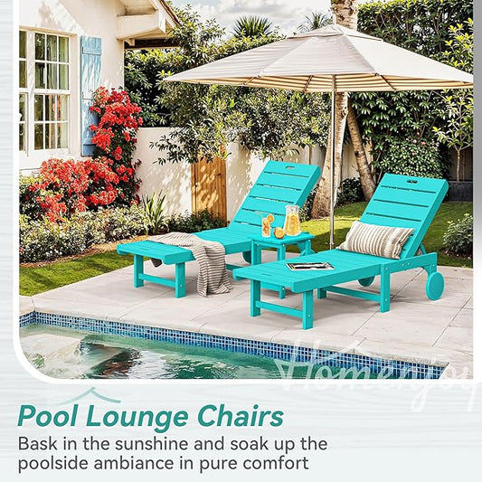 Outdoor Chaise Lounge Chairs Set of 4, 26.8” Super Wide Lounge Chair Outdoor, HDPS Pool Chairs with 5 Positions, Patio Lounge Chair with Wheels for Pool,Lawn,Backyard, Aruba Blue