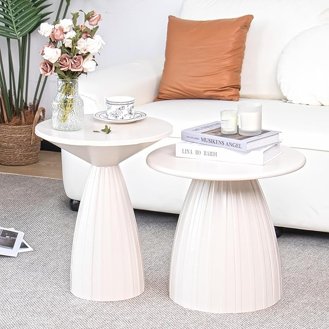 Round Small Patio Side Table Set of 2, Metal Steel Outdoor Side Table, Patio Accent End Table for Garden, Pool, Deck, Balcony, Yard, Living Room, White, Weather Resistant, No Assembly