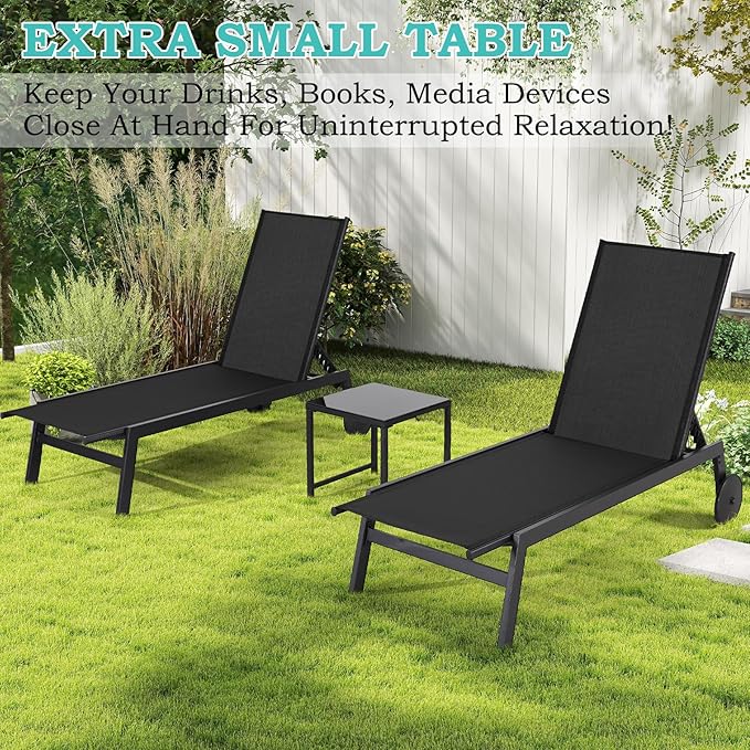 EROMMY Patio Chaise Lounge Chair Set of 2 with Table, Adjustable Backrest & Wheels, Waterproof Outdoor Poolside Recliners for Garden, Deck, Lawn, Backyard