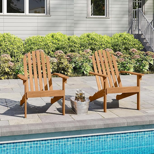 Tangkula Outdoor Adirondack Chair, Solid Acacia Wood Fire Pit Chair with Inclined Backrest, Curved Seat & Wide Armrests, Wooden Lawn Chair for Porch, Patio, Garden, Backyard, Deck (2, Natural)