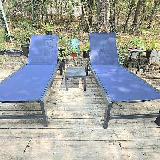 PURPLE LEAF Outdoor Chaise Lounge with Wheels for Outside Aluminum 4 Pieces Patio Lounge Chair with 5 Adjustable Position Recliner for Patio Beach Yard Pool Side Table Included Navy Blue