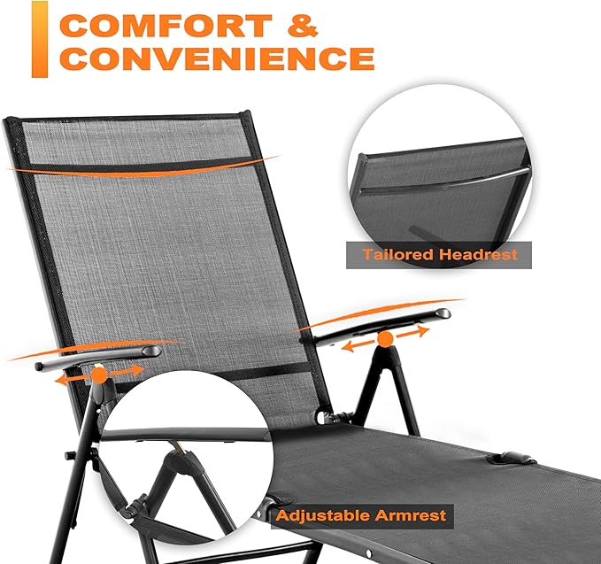 NUU GARDEN Folding Beach Lounge Chair 2-Pack,Chaise Lounge with Iron Frame and Breathable Textilene Fabric for Beach, Yard, Pool and Patio, Grey
