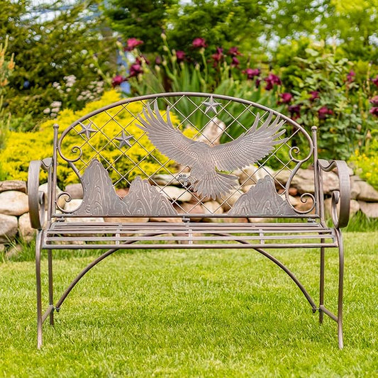 Classic Iron Garden Bench with Nature Scenery (Flying Eagle Backrest in Bronze)