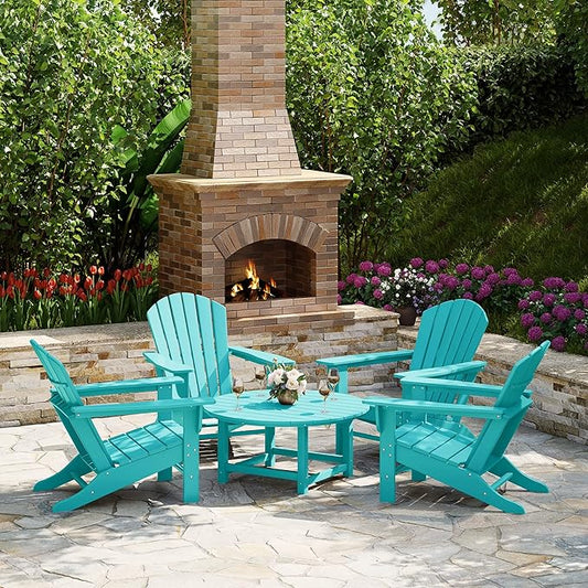 WestinTrends Dylan 5-Piece Outdoor Patio HDPE Adirondack Chair with Round Coffee Table Conversation Set, Turquoise