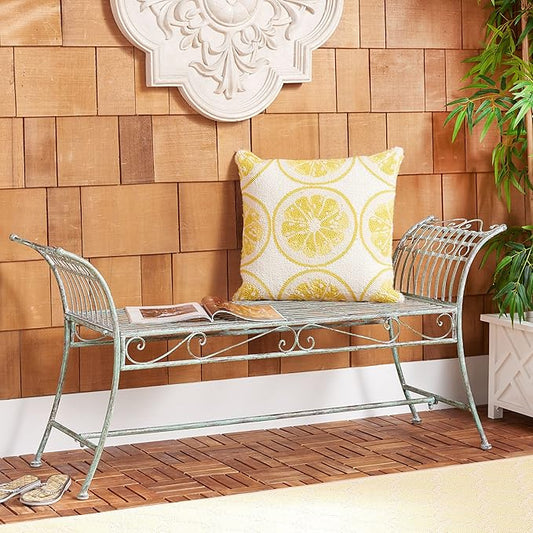 SAFAVIEH Outdoor Collection Hadley Victorian Scroll Antique Dark Green Wrought Iron Bench
