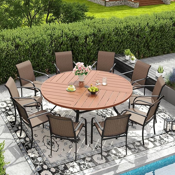 DIFY 63" Round Outdoor Patio Dining Table for 8-10, All-Weather Metal Steel Slatted Patio Table with 1.57" Adjustable Umbrella Hole for Garden, Backyard, Deck, Walnut