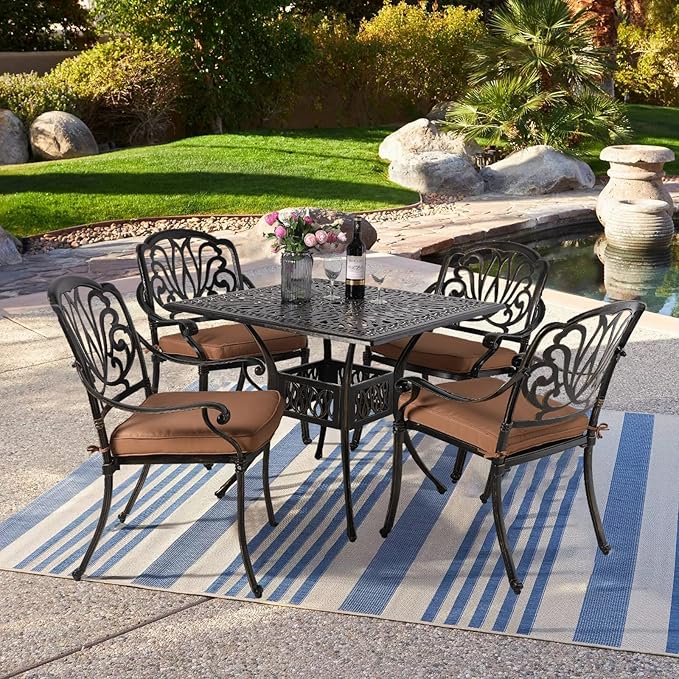 VIVIJASON 35.4" Outdoor Patio Dining Square Table Bronze Cast Aluminum Rustic Large Patio Table with Umbrella Hole