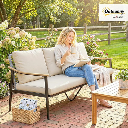 Outsunny Outdoor Patio Couch, 3 Seater Outdoor Sofa with Wood-Effect Armrests and Wicker Backrest, Outdoor Patio Furniture Couch with Cushions, Steel Frame for Porch, Garden, Backyard, Khaki | Removable covers