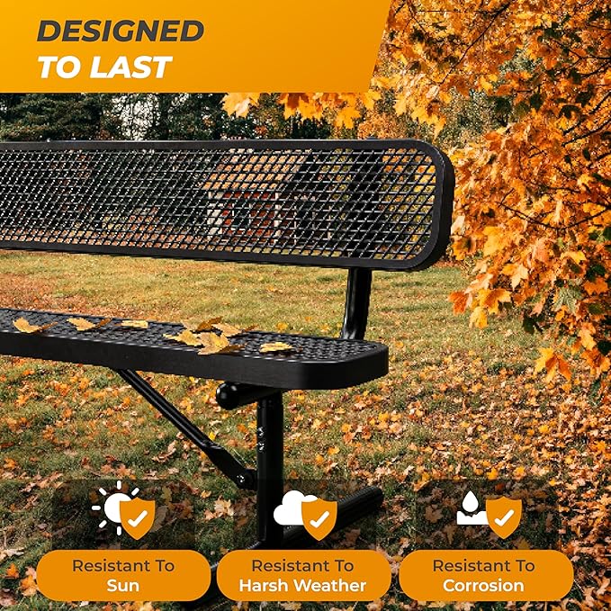 Heavy-Duty Outdoor Metal Bench, Thermoplastic-Coated, Portable, Weatherproof, Commercial-Grade for Parks, Gardens, Patios, Stores & More (4 Ft - Portable with Back, Black)