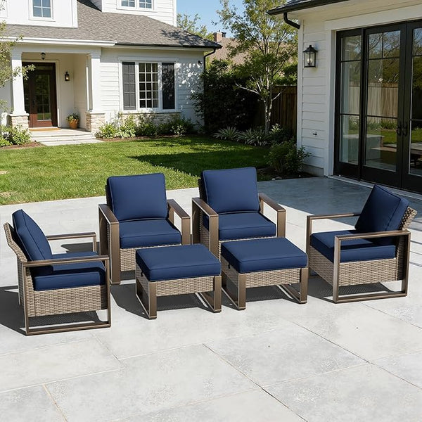 6 Pieces Metal Wicker Patio Furniture Set - Four Armchairs and Two Ottomans - Photo 1
