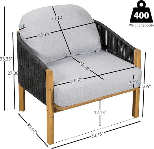 Christopher Knight Home Grotta Acacia Wood Patio Accent Chair Set of 2, Wooden Lounge Chair Outdoor, Outdoor Barrel Chair with Rope Weave+Removable Cushion, Curved Backrest Lounge Sofa, Gray+Teak