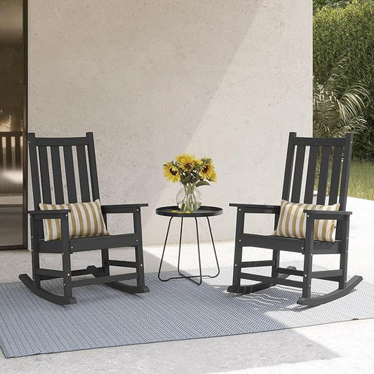 HDPE Outdoor Rocking Chair, Oversized Rocking Chairs with Widened Seats & High Backs, Weather & Fade Resistant Porch Rockers for Patio, Deck & Porch - Black