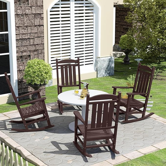 Costaelm Oversized Outdoor Rocking Chair, High Back Porch Rocker Chair, HDPE All Weather Resistant Outdoor Seating Furniture Wide Rocker Chair for Patio, Lawn, Garden, Dark Brown