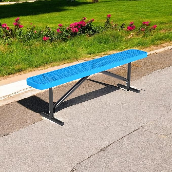 6FT Outdoor Park Benches for Outside, 72" Backless Heavy-Duty Commercial Blue Garden Bench with Expanded Steel Mesh Seat, Weatherproof Park Patio Dining Table Bench for Backyard Lawn School Porch Deck