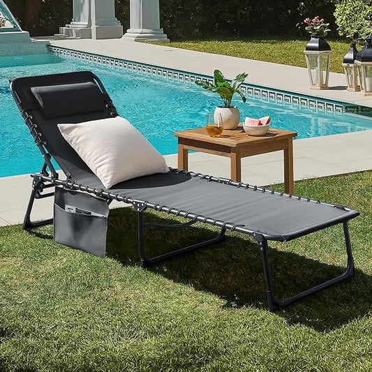 Greesum Chaise Lounge Folding Tanning Chair with 5 Position Adjustable Back, Detachable Pillow & Pocket Outside Pool, Beach, Sunbathing, Gray