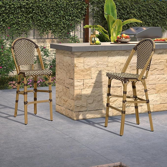 PURPLE LEAF French Counter Height Bar Stool Set of 4 25" Bamboo Print Finish Patio Bar Chairs with Back Rattan Bar Chairs French Bistro Set for Kitchen Outdoor Counter Stool Brown
