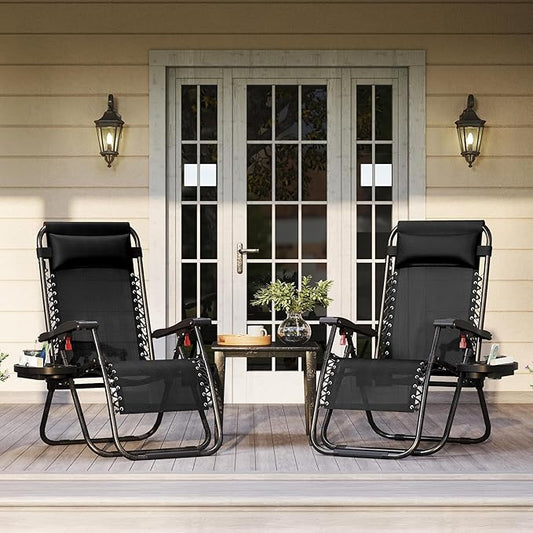 Yaheetech 26" Zero Gravity Recliners Outdoor Adjustable Folding Reclining Lounge Chairs w/Pillows, Cup Holder Trays and Carry Strap for Patio Backyard Beach New Black Set of 2